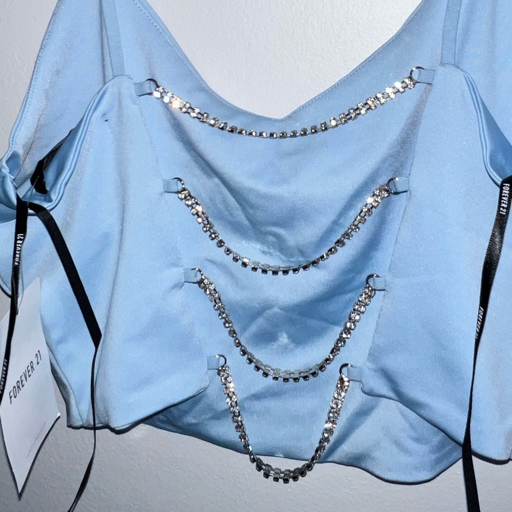 baby blue rhinestone strap crop top
